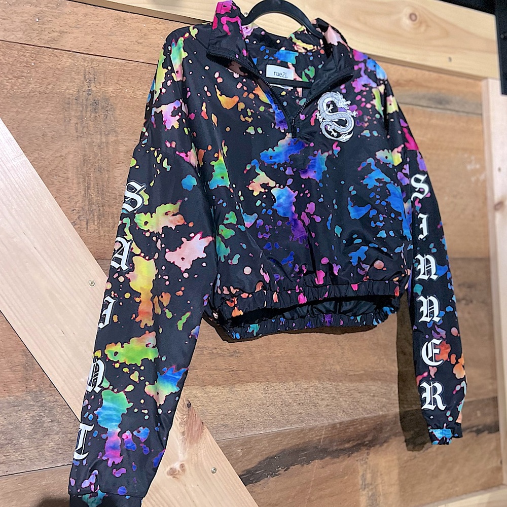 Sinner Splatter Paint Dragon Multi color windbreaker crop top Rue21 Large - Picture 3 of 7